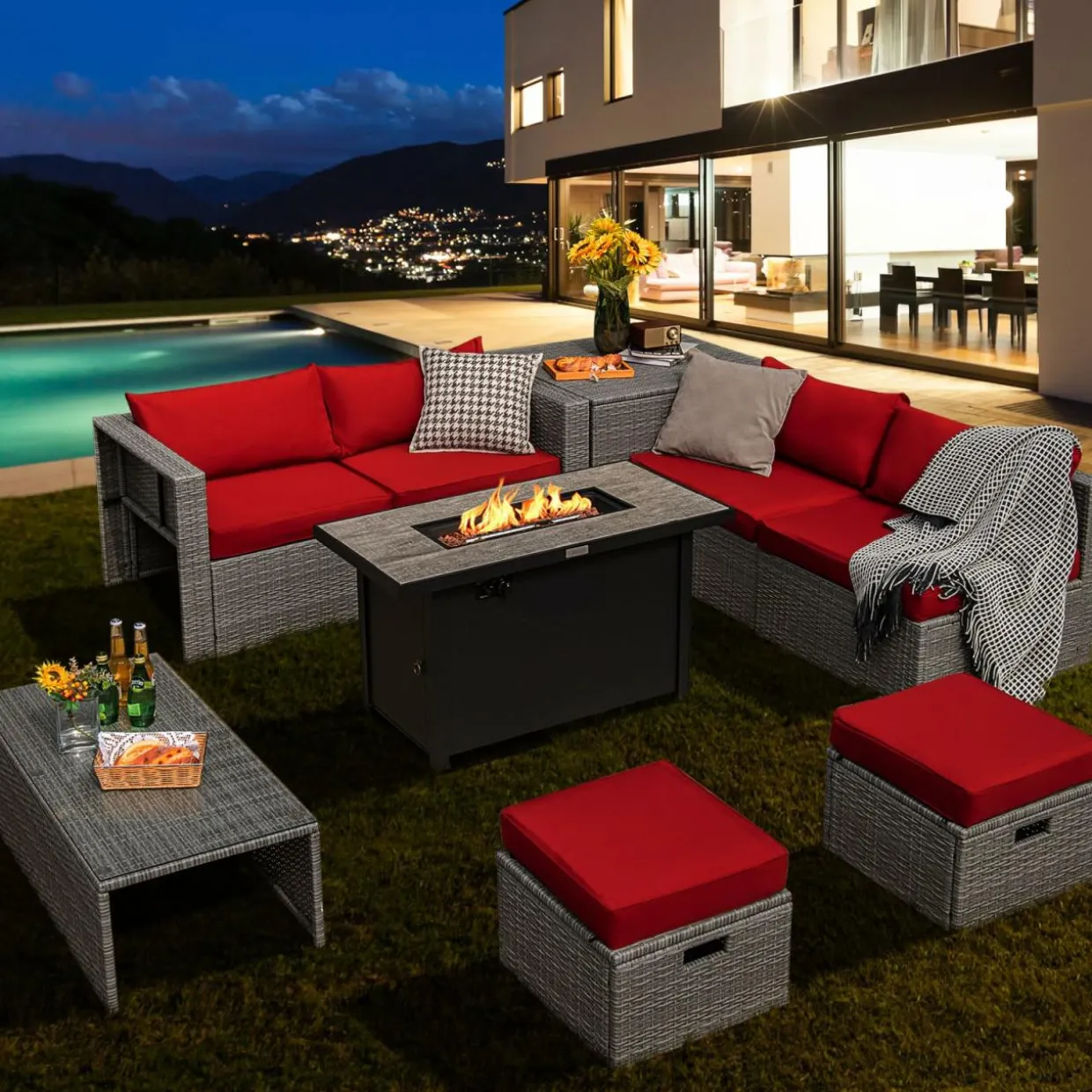 Tangkula 9 PCS Patio Furniture Set with 42” 60,000 BTU Fire Pit, Outdoor Space-Saving Sectional Sofa Set with Storage Box