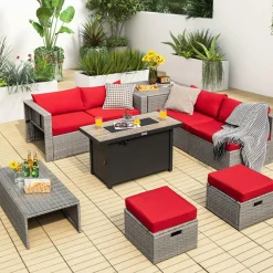 Tangkula 9 PCS Patio Furniture Set with 42” 60,000 BTU Fire Pit, Outdoor Space-Saving Sectional Sofa Set with Storage Box