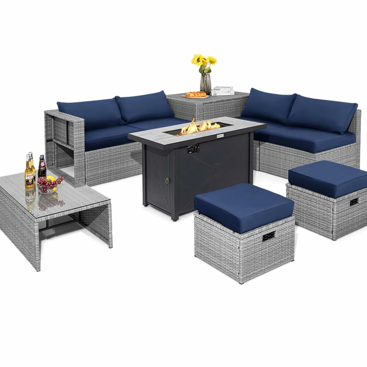 Tangkula 9 PCS Patio Furniture Set with 42” 60,000 BTU Fire Pit, Outdoor Space-Saving Sectional Sofa Set with Storage Box
