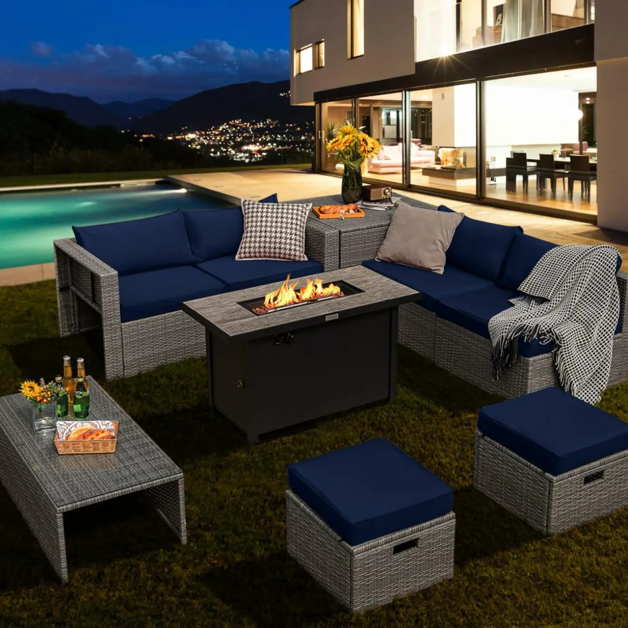 Tangkula 9 PCS Patio Furniture Set with 42” 60,000 BTU Fire Pit, Outdoor Space-Saving Sectional Sofa Set with Storage Box