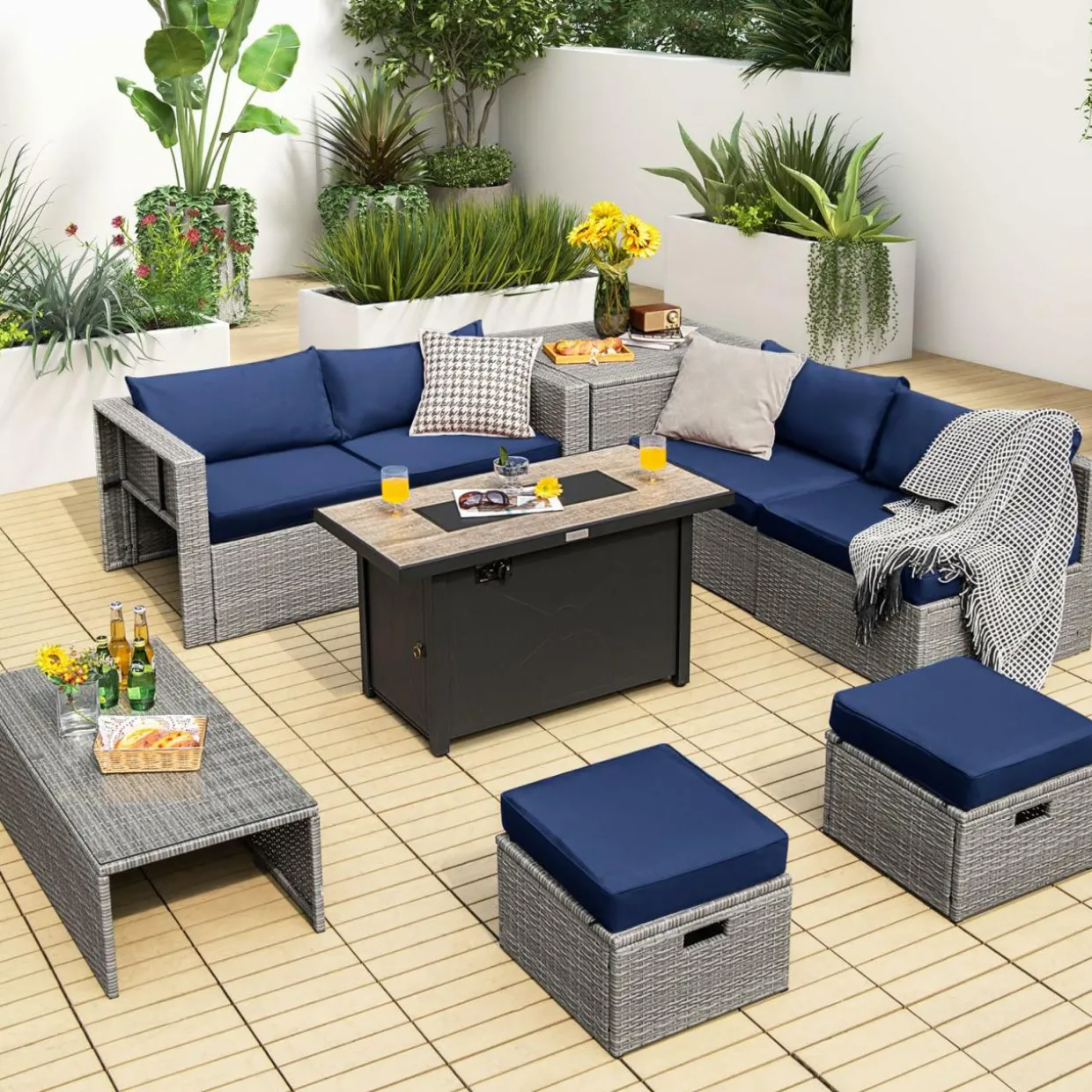 Tangkula 9 PCS Patio Furniture Set with 42” 60,000 BTU Fire Pit, Outdoor Space-Saving Sectional Sofa Set with Storage Box