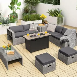 Tangkula 9 PCS Patio Furniture Set with 42” 60,000 BTU Fire Pit, Outdoor Space-Saving Sectional Sofa Set with Storage Box