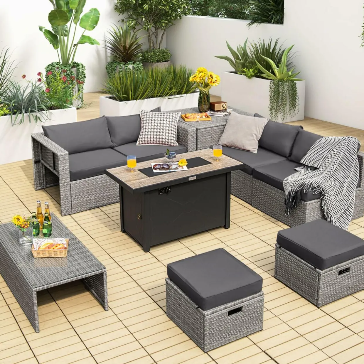 Tangkula 9 PCS Patio Furniture Set with 42” 60,000 BTU Fire Pit, Outdoor Space-Saving Sectional Sofa Set with Storage Box