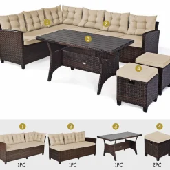 Tangkula 5 PCS Patio Furniture Set, Outdoor Conversation Set with 6 Cushioned Seat 2 Ottomans & Coffee Table
