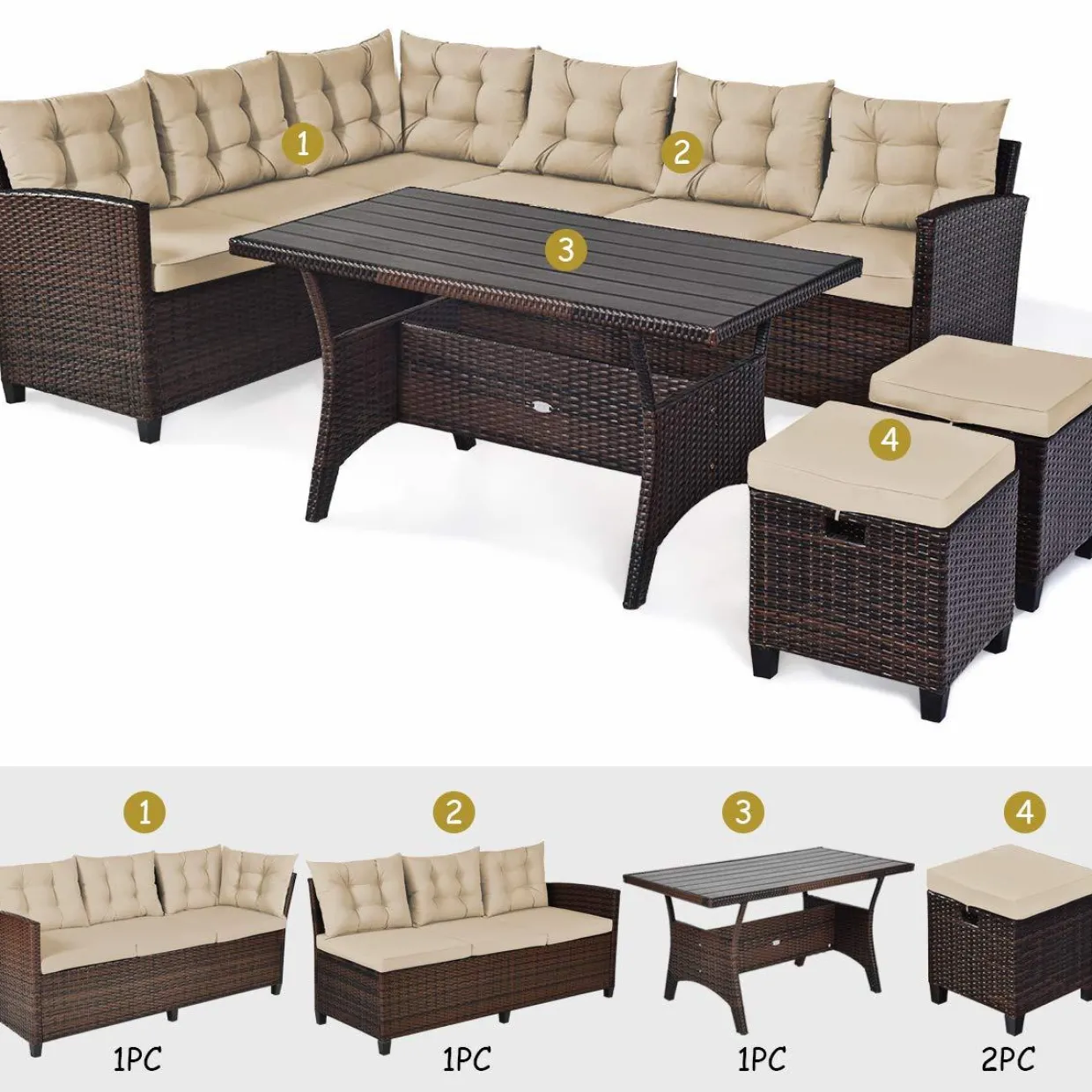 Tangkula 5 PCS Patio Furniture Set, Outdoor Conversation Set with 6 Cushioned Seat 2 Ottomans & Coffee Table