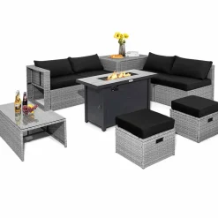 Tangkula 9 PCS Patio Furniture Set with 42” 60,000 BTU Fire Pit, Outdoor Space-Saving Sectional Sofa Set with Storage Box
