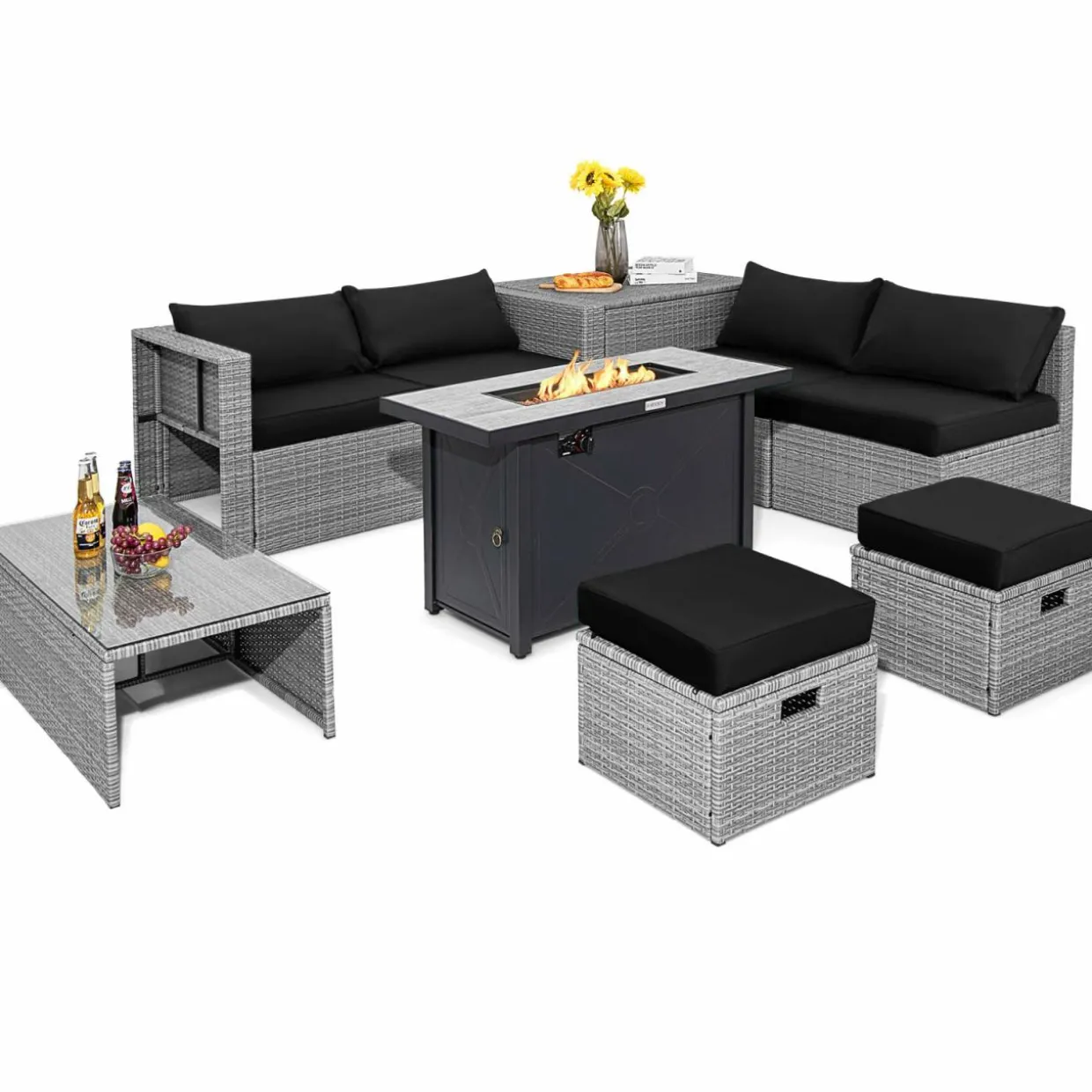 Tangkula 9 PCS Patio Furniture Set with 42” 60,000 BTU Fire Pit, Outdoor Space-Saving Sectional Sofa Set with Storage Box