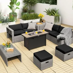 Tangkula 9 PCS Patio Furniture Set with 42” 60,000 BTU Fire Pit, Outdoor Space-Saving Sectional Sofa Set with Storage Box