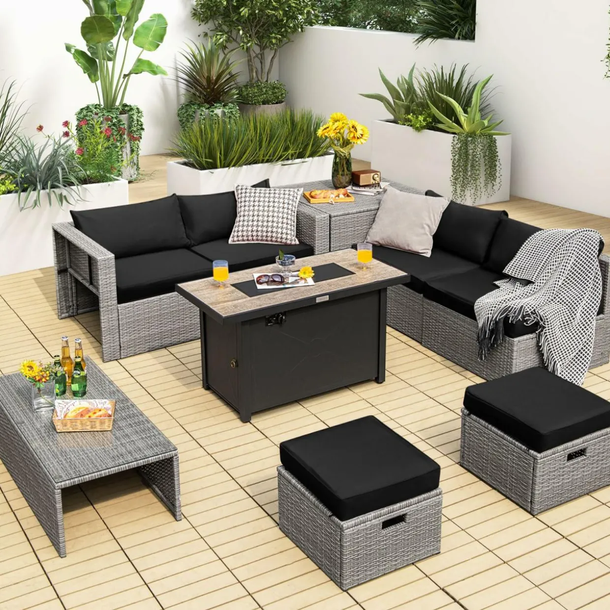 Tangkula 9 PCS Patio Furniture Set with 42” 60,000 BTU Fire Pit, Outdoor Space-Saving Sectional Sofa Set with Storage Box