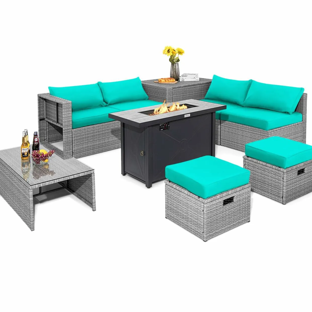 Tangkula 9 PCS Patio Furniture Set with 42” 60,000 BTU Fire Pit, Outdoor Space-Saving Sectional Sofa Set with Storage Box