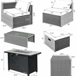Tangkula 9 PCS Patio Furniture Set with 42” 60,000 BTU Fire Pit, Outdoor Space-Saving Sectional Sofa Set with Storage Box