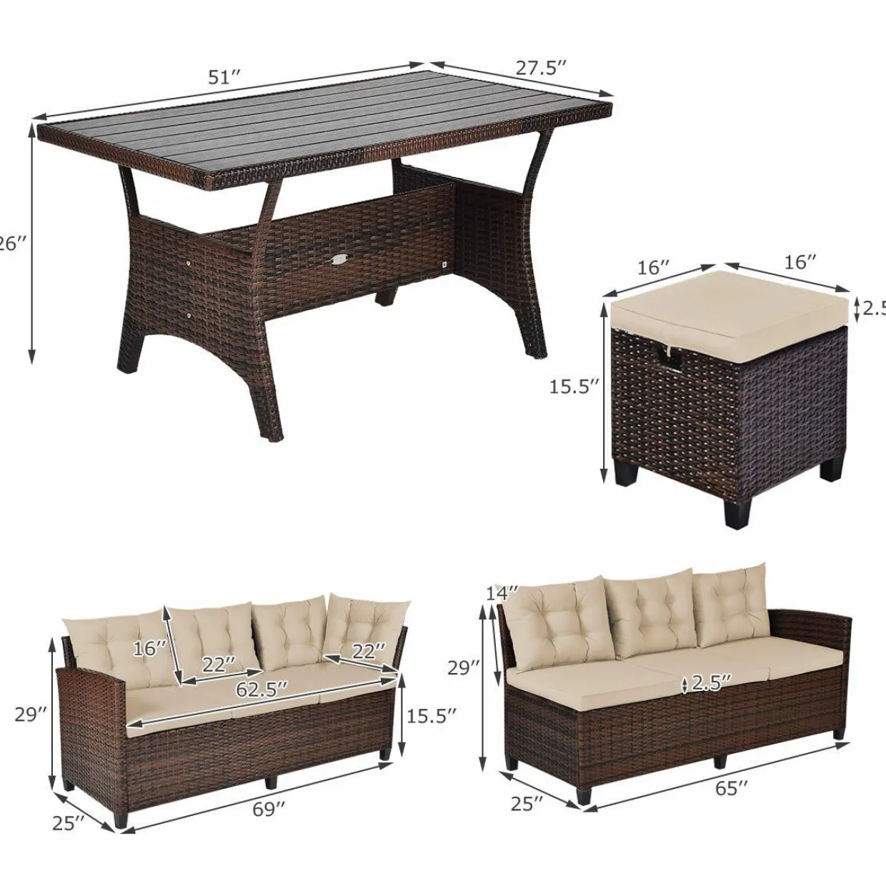 Tangkula 5 PCS Patio Furniture Set, Outdoor Conversation Set with 6 Cushioned Seat 2 Ottomans & Coffee Table