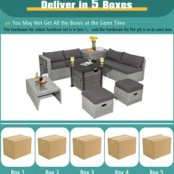 Tangkula 9 PCS Patio Furniture Set with 42” 60,000 BTU Fire Pit, Outdoor Space-Saving Sectional Sofa Set with Storage Box