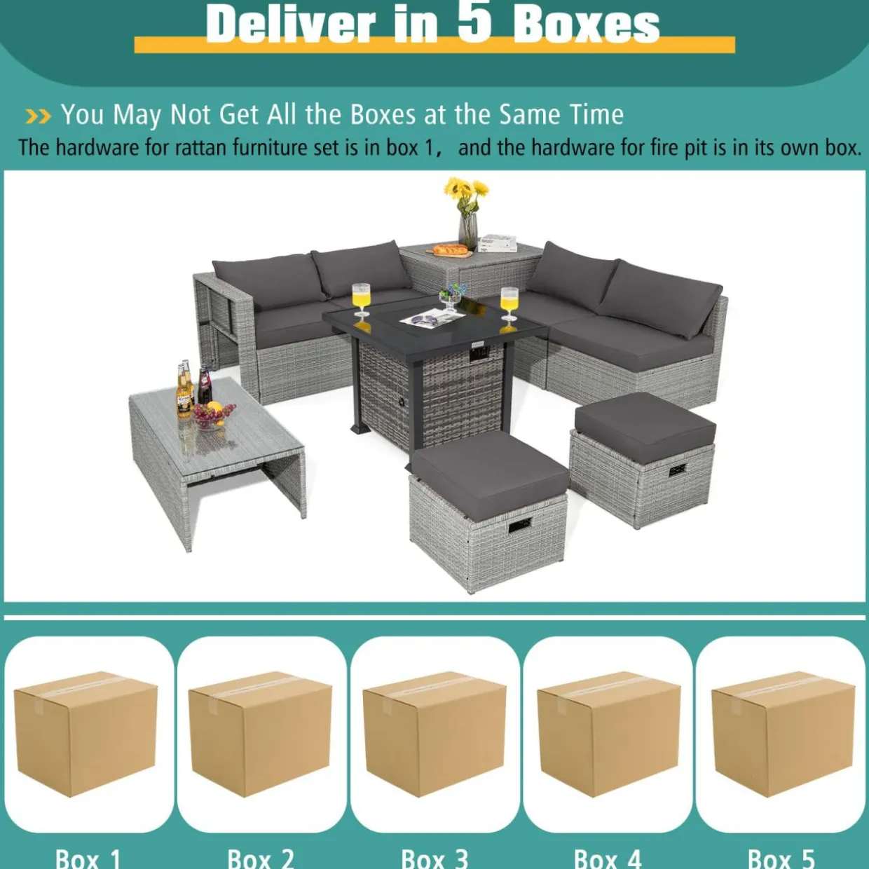 Tangkula 9 PCS Patio Furniture Set with 42” 60,000 BTU Fire Pit, Outdoor Space-Saving Sectional Sofa Set with Storage Box