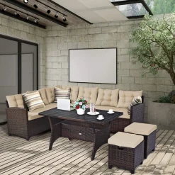 Tangkula 5 PCS Patio Furniture Set, Outdoor Conversation Set with 6 Cushioned Seat 2 Ottomans & Coffee Table