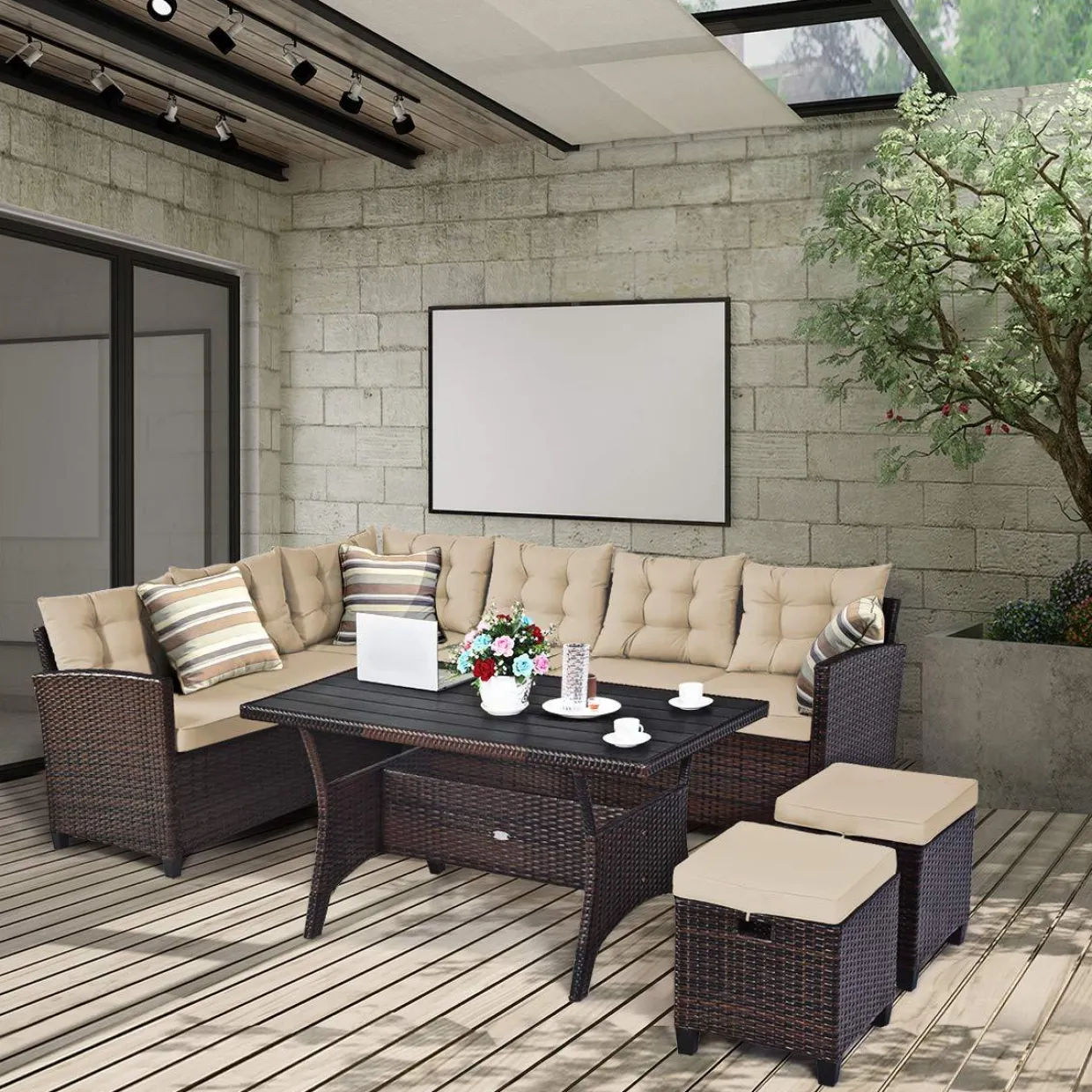 Tangkula 5 PCS Patio Furniture Set, Outdoor Conversation Set with 6 Cushioned Seat 2 Ottomans & Coffee Table