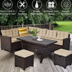 Tangkula 5 PCS Patio Furniture Set, Outdoor Conversation Set with 6 Cushioned Seat 2 Ottomans & Coffee Table