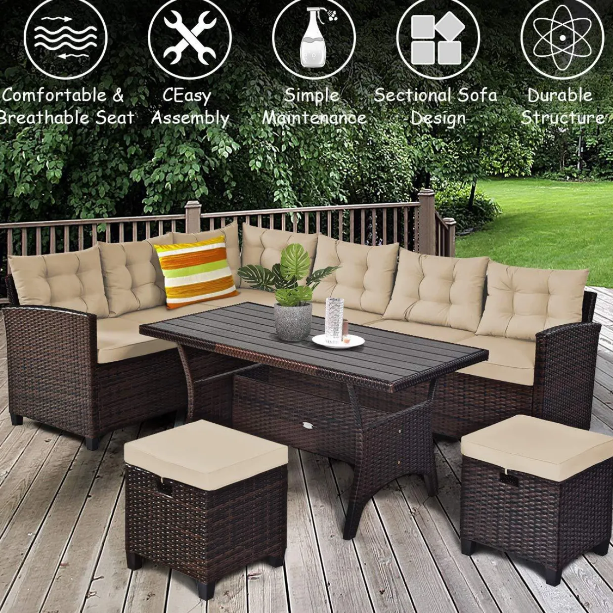 Tangkula 5 PCS Patio Furniture Set, Outdoor Conversation Set with 6 Cushioned Seat 2 Ottomans & Coffee Table