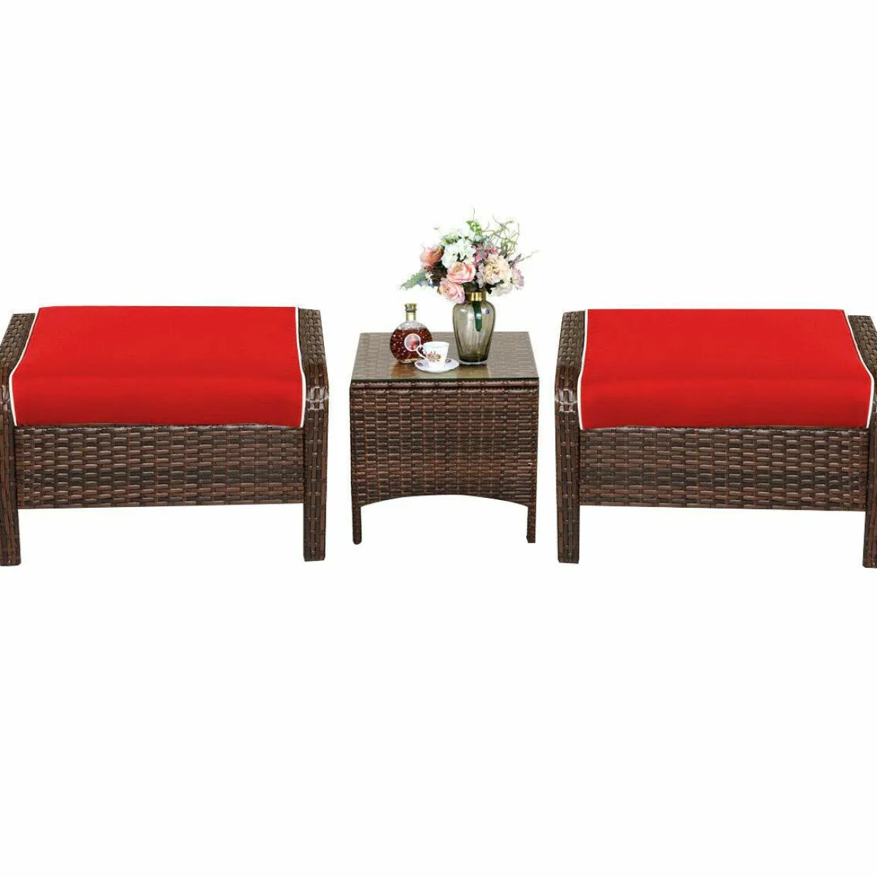 Tangkula 3 PCS Patio Rattan Wicker Furniture Set, 2 Ottomans & Coffee Table