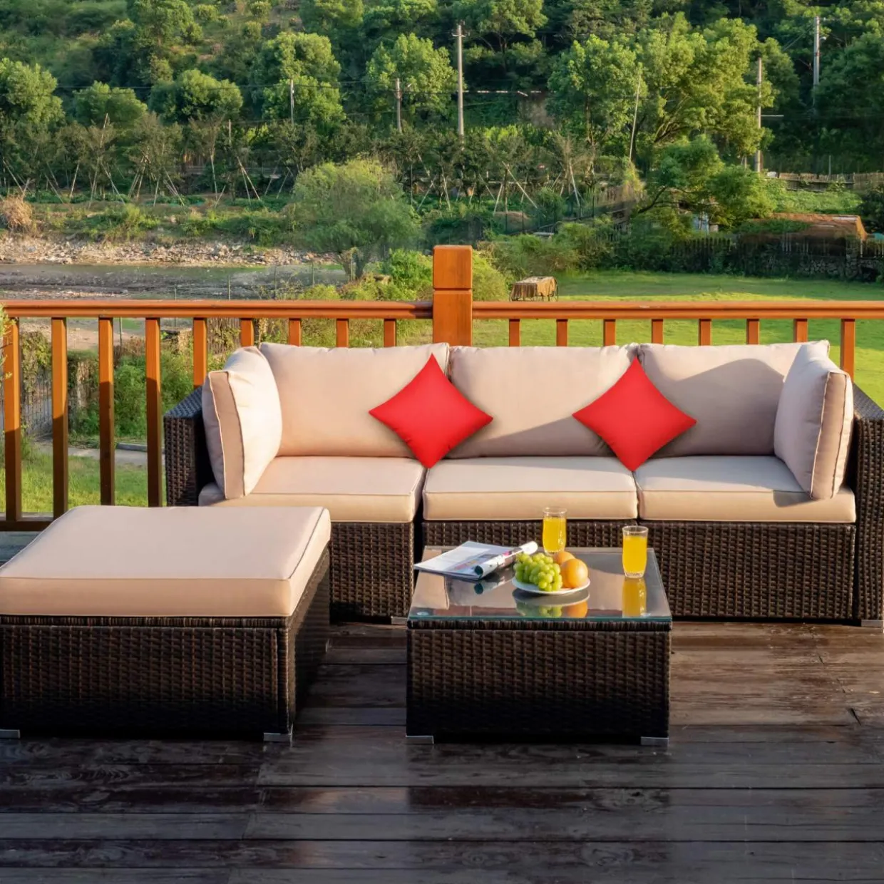 Tangkula 5 PCS Patio Rattan Furniture Set, Outdoor Sectional Rattan Sofa Set with Back & Seat Cushions