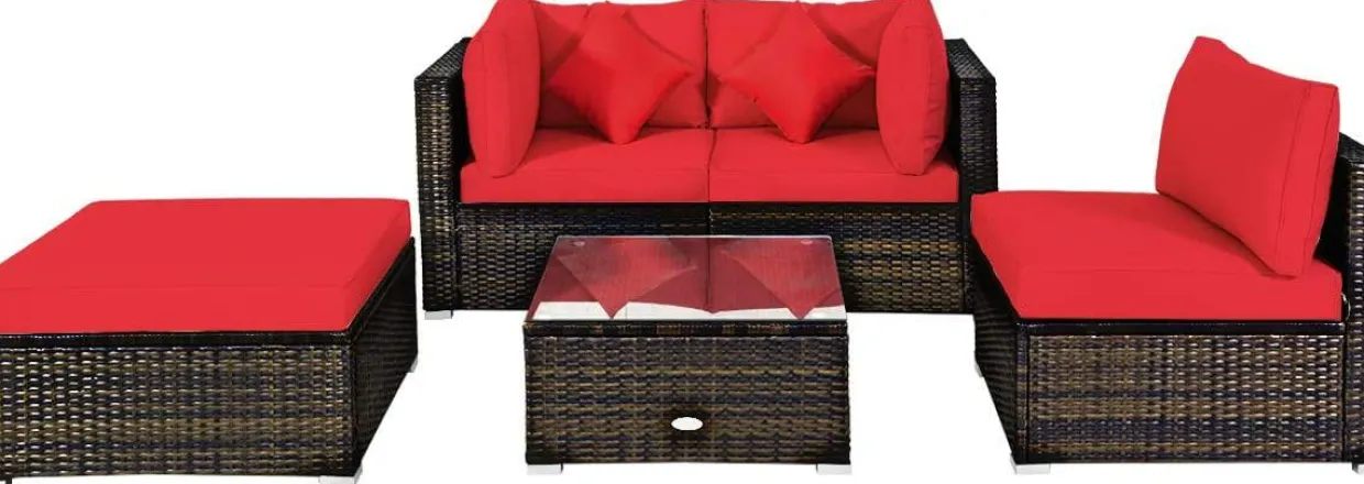 Tangkula 5 PCS Patio Rattan Furniture Set, Outdoor Sectional Rattan Sofa Set with Back & Seat Cushions