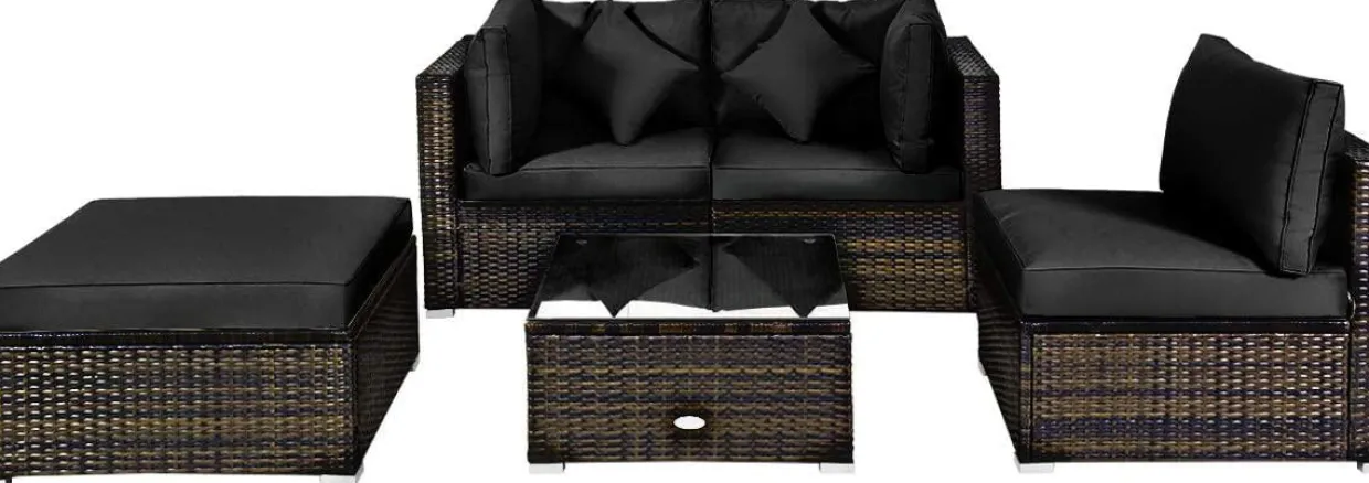 Tangkula 5 PCS Patio Rattan Furniture Set, Outdoor Sectional Rattan Sofa Set with Back & Seat Cushions