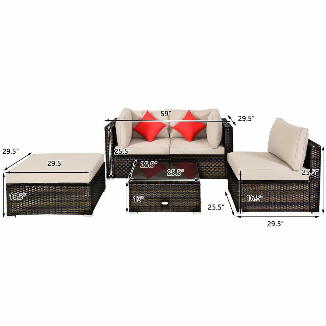 Tangkula 5 PCS Patio Rattan Furniture Set, Outdoor Sectional Rattan Sofa Set with Back & Seat Cushions