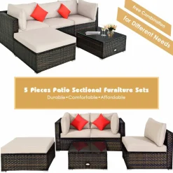 Tangkula 5 PCS Patio Rattan Furniture Set, Outdoor Sectional Rattan Sofa Set with Back & Seat Cushions