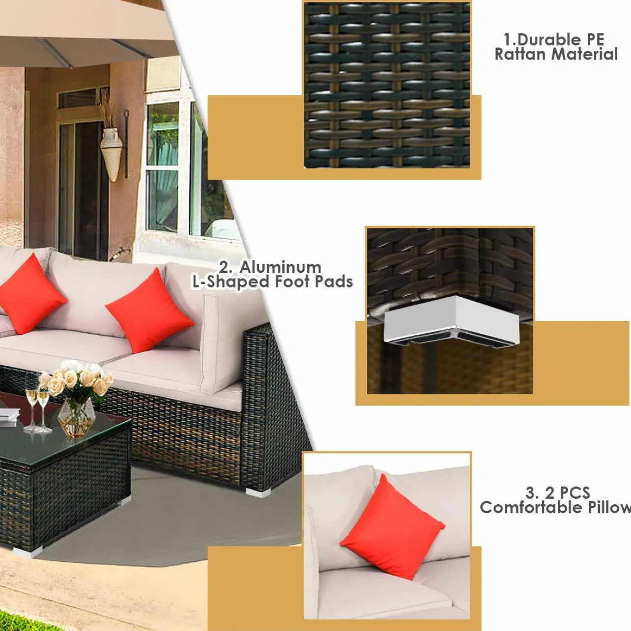 Tangkula 5 PCS Patio Rattan Furniture Set, Outdoor Sectional Rattan Sofa Set with Back & Seat Cushions