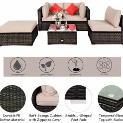 Tangkula 5 PCS Patio Rattan Furniture Set, Outdoor Sectional Rattan Sofa Set with Back & Seat Cushions