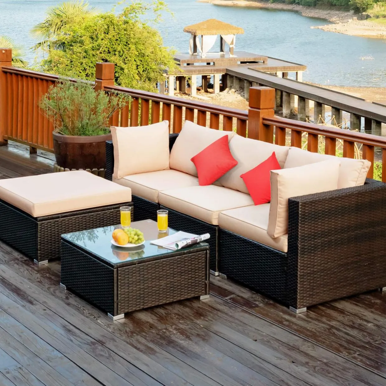 Tangkula 5 PCS Patio Rattan Furniture Set, Outdoor Sectional Rattan Sofa Set with Back & Seat Cushions