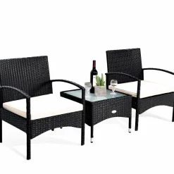 Tangkula 3 PCS Patio Wicker Rattan Furniture Set, Rattan Chair with Coffee Table