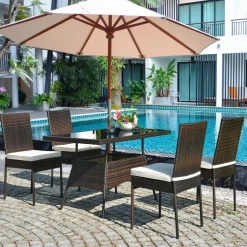 Tangkula 5 PCS Patio Wicker Dining Set, Outdoor Rattan Table and Chairs with w/Tempered Glass Table Top & Padded Cushions