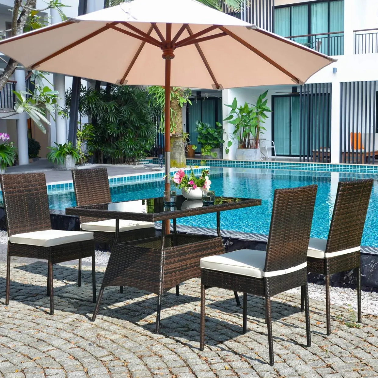 Tangkula 5 PCS Patio Wicker Dining Set, Outdoor Rattan Table and Chairs with w/Tempered Glass Table Top & Padded Cushions