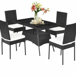 Tangkula 5 PCS Patio Wicker Dining Set, Outdoor Rattan Table and Chairs with w/Tempered Glass Table Top & Padded Cushions