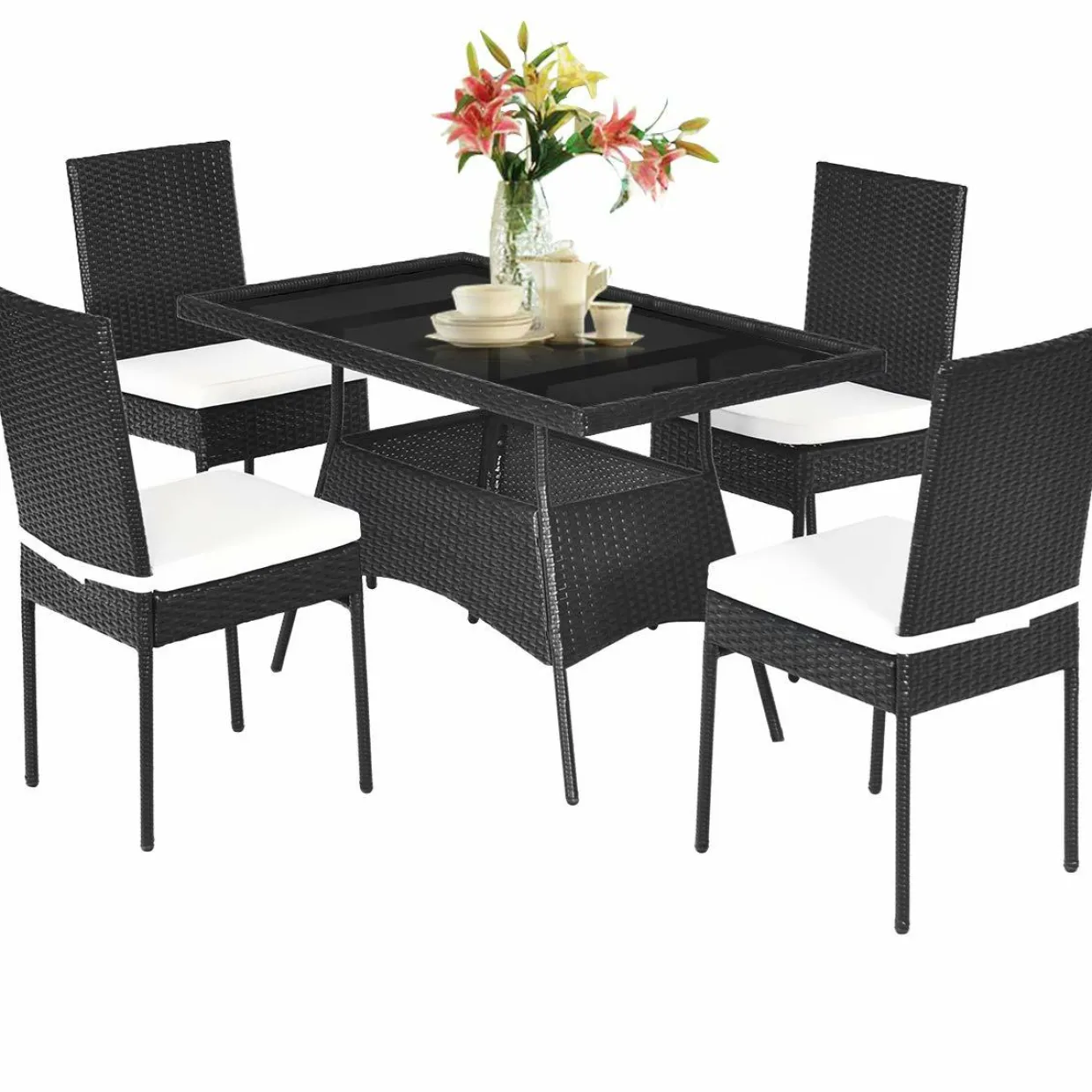 Tangkula 5 PCS Patio Wicker Dining Set, Outdoor Rattan Table and Chairs with w/Tempered Glass Table Top & Padded Cushions
