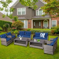 Tangkula 4 PCS Patio Wicker Conversation Furniture Set, Outdoor Rattan Sofa Set with Padded Cushion & Tempered Glass Coffee Table