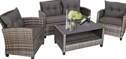 Tangkula 4 PCS Patio Wicker Conversation Furniture Set, Outdoor Rattan Sofa Set with Padded Cushion & Tempered Glass Coffee Table
