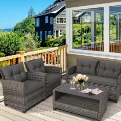 Tangkula 4 PCS Patio Wicker Conversation Furniture Set, Outdoor Rattan Sofa Set with Padded Cushion & Tempered Glass Coffee Table
