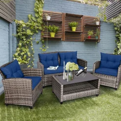 Tangkula 4 PCS Patio Wicker Conversation Furniture Set, Outdoor Rattan Sofa Set with Padded Cushion & Tempered Glass Coffee Table