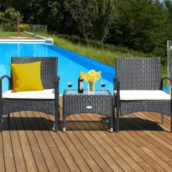 Tangkula 3 PCS Patio Wicker Rattan Furniture Set, Rattan Chair with Coffee Table