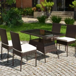 Tangkula 5 PCS Patio Wicker Dining Set, Outdoor Rattan Table and Chairs with w/Tempered Glass Table Top & Padded Cushions