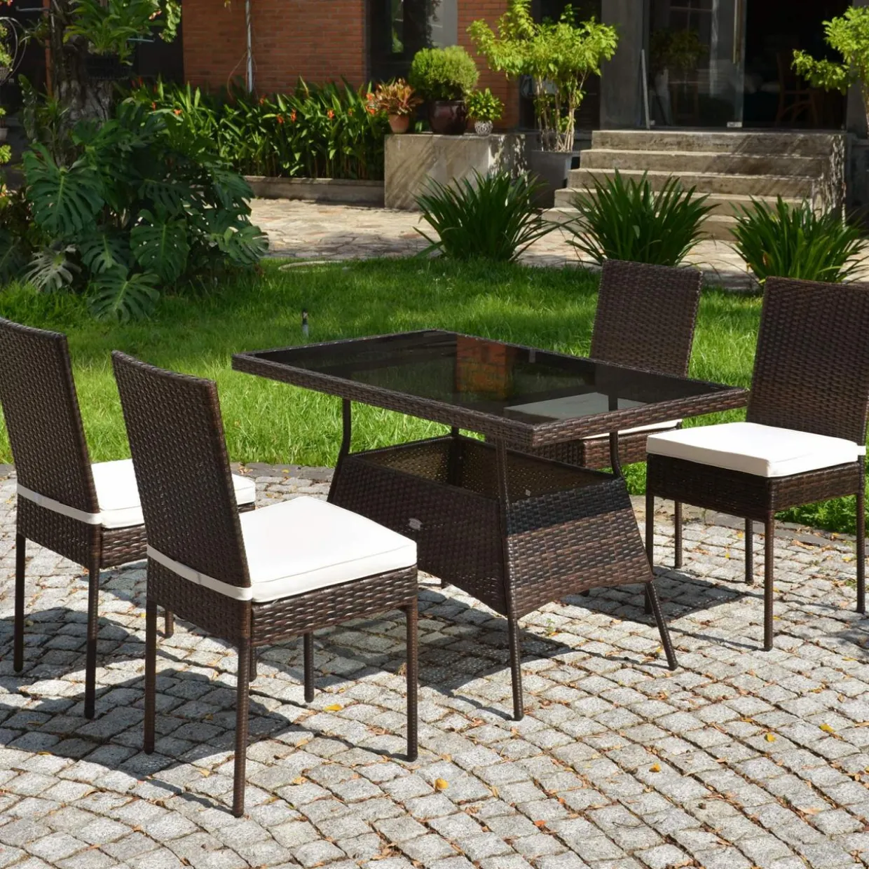 Tangkula 5 PCS Patio Wicker Dining Set, Outdoor Rattan Table and Chairs with w/Tempered Glass Table Top & Padded Cushions