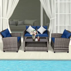 Tangkula 4 PCS Patio Wicker Conversation Furniture Set, Outdoor Rattan Sofa Set with Padded Cushion & Tempered Glass Coffee Table
