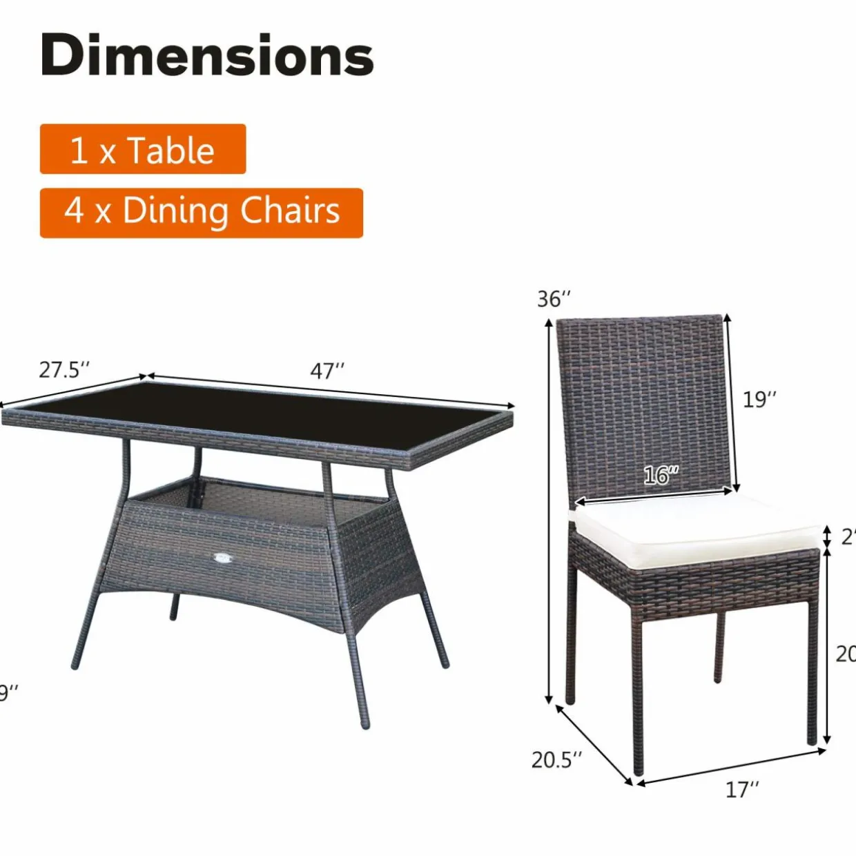 Tangkula 5 PCS Patio Wicker Dining Set, Outdoor Rattan Table and Chairs with w/Tempered Glass Table Top & Padded Cushions