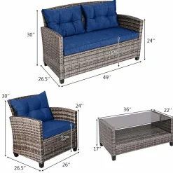 Tangkula 4 PCS Patio Wicker Conversation Furniture Set, Outdoor Rattan Sofa Set with Padded Cushion & Tempered Glass Coffee Table