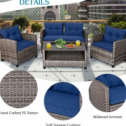 Tangkula 4 PCS Patio Wicker Conversation Furniture Set, Outdoor Rattan Sofa Set with Padded Cushion & Tempered Glass Coffee Table