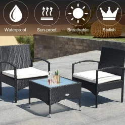 Tangkula 3 PCS Patio Wicker Rattan Furniture Set, Rattan Chair with Coffee Table