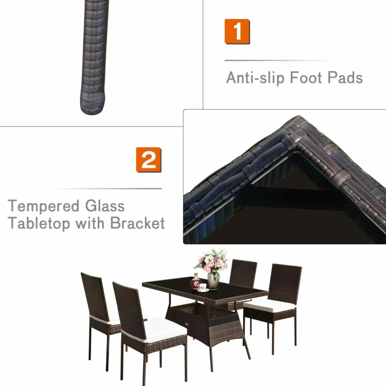 Tangkula 5 PCS Patio Wicker Dining Set, Outdoor Rattan Table and Chairs with w/Tempered Glass Table Top & Padded Cushions