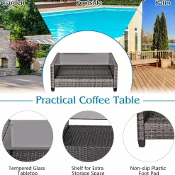 Tangkula 4 PCS Patio Wicker Conversation Furniture Set, Outdoor Rattan Sofa Set with Padded Cushion & Tempered Glass Coffee Table